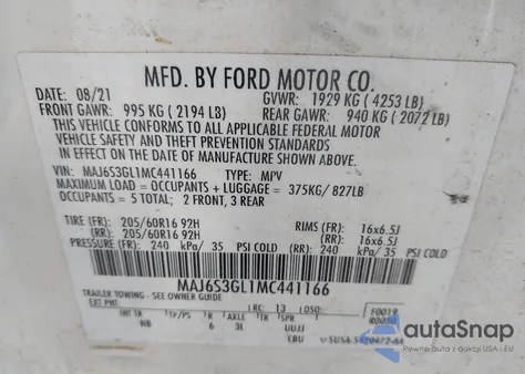 2021 Ford Ecosport Se z USA, uszkodzony, nr VIN MAJ6S3GL1MC441166